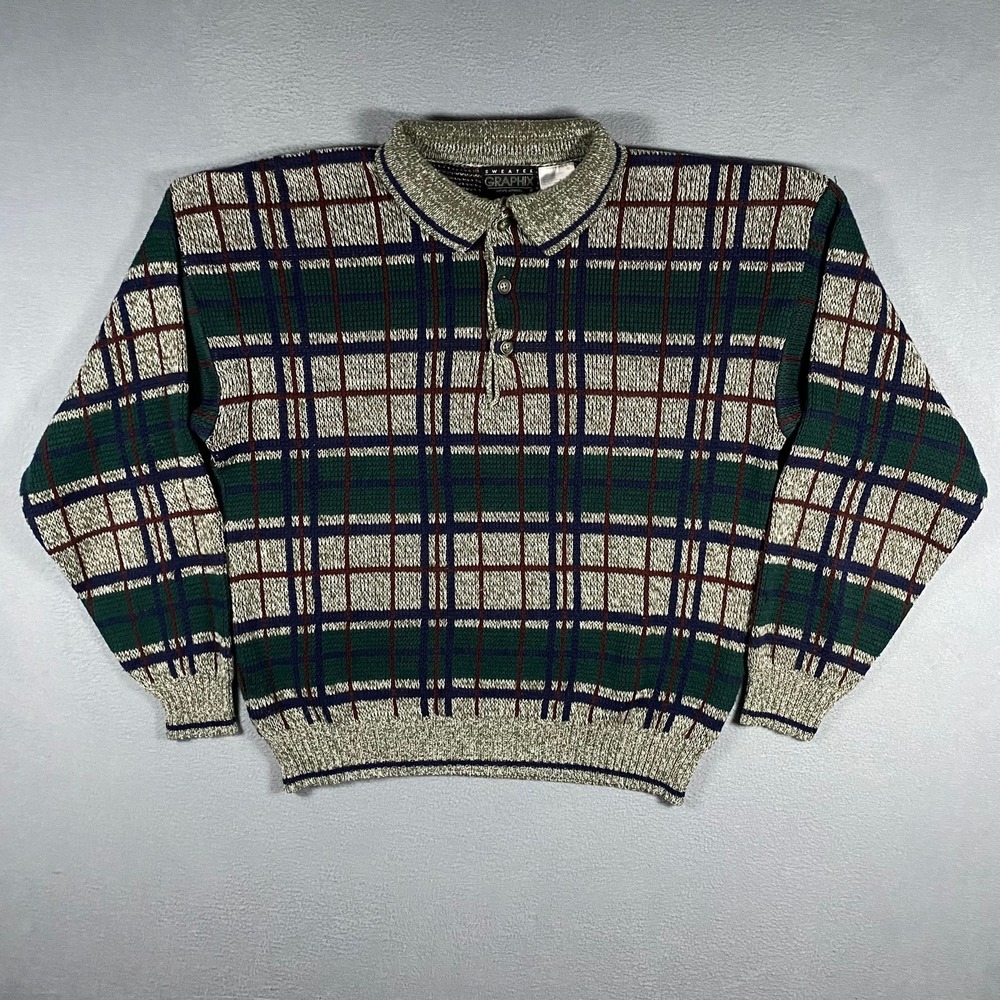 Vintage Sweater Graphix Polo Sweater Mens Large Green Plaid Long Sleeve Knit